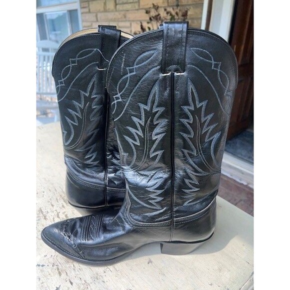 Nocona Vtg Black Premium Leather Cowboy Boots w/lizardskin Wingtips Mn’s Sz 10.5 main image 12